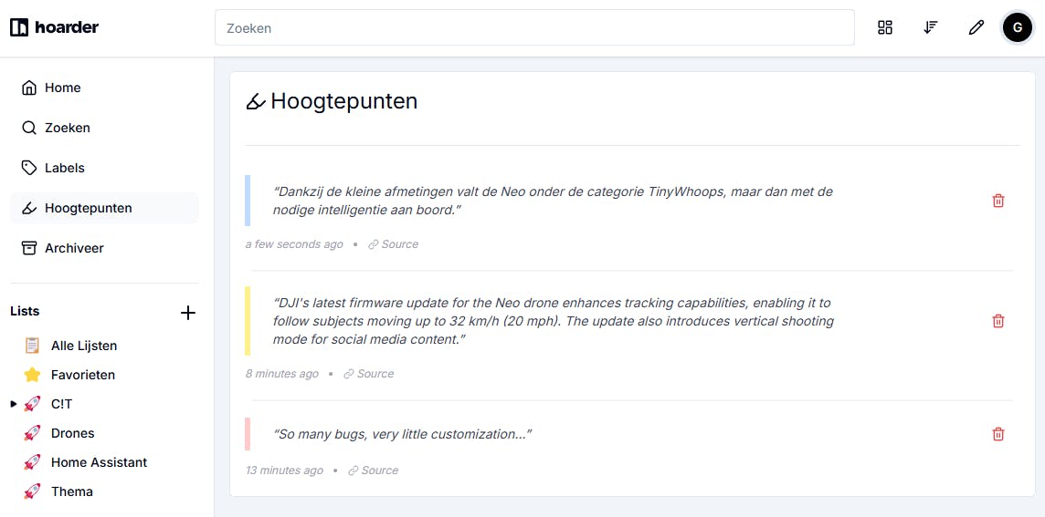 Hoogtepunten helpen je om belangrijke details van items te bewaren.