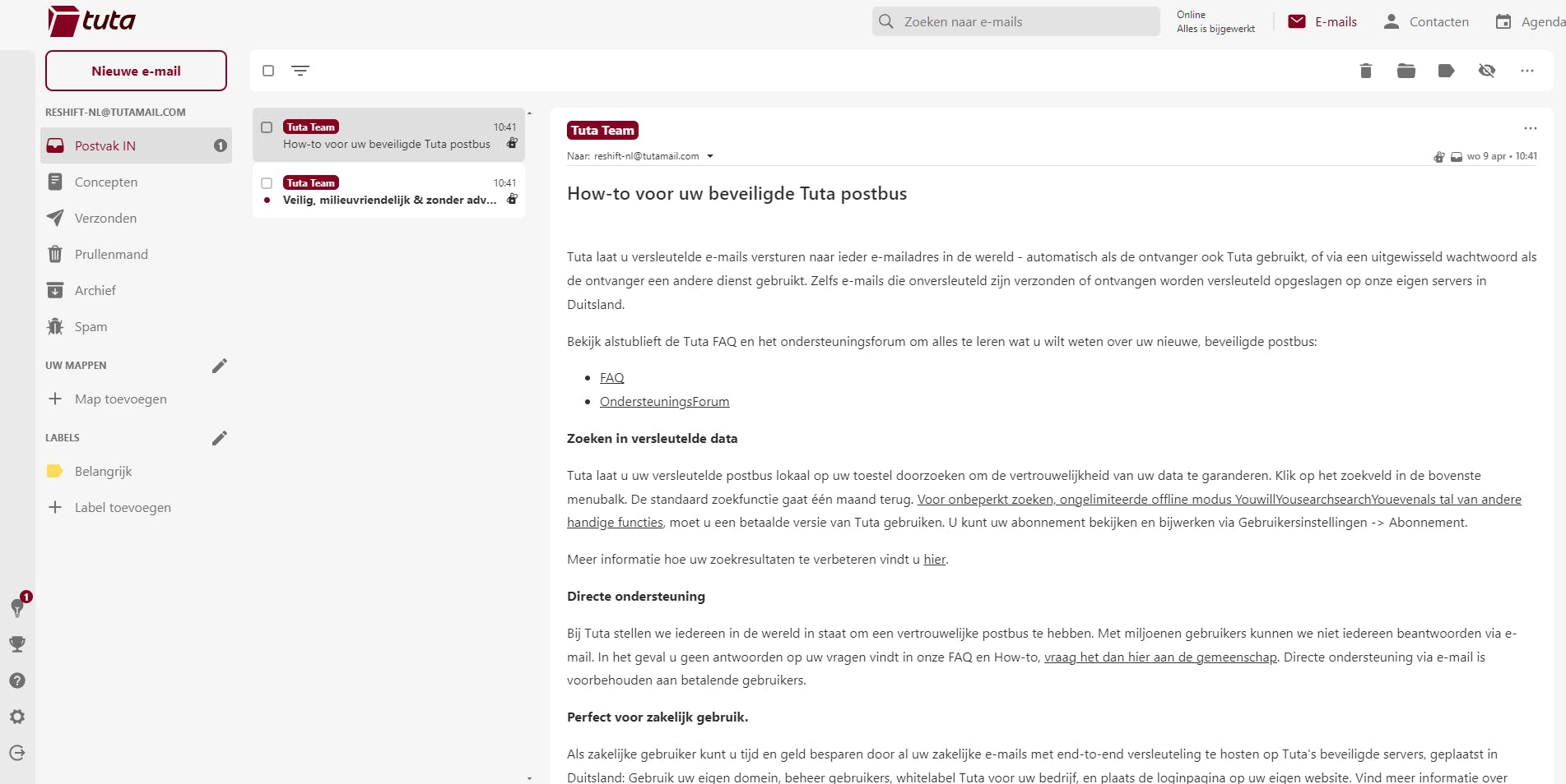 Zo ziet de webinterface van (een gloednieuw account bij) Tuta eruit.