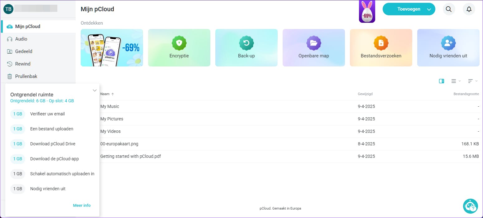 De gratis versie van pCloud: 6 GB ontgrendeld, nog vier te gaan.