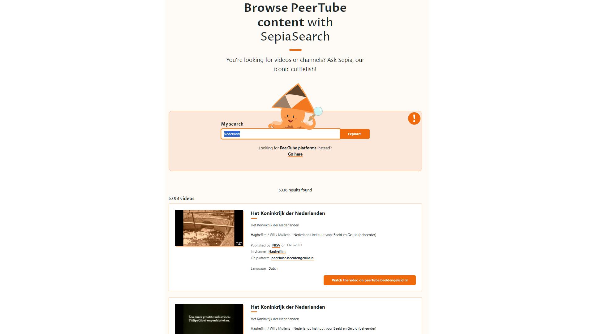 Op zoek naar geschikte video's op het PeerTube-platform.