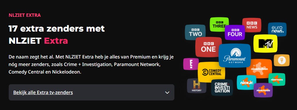 Met NLZIET Extra krijg je ook BBC-zenders en tal van thema-zenders