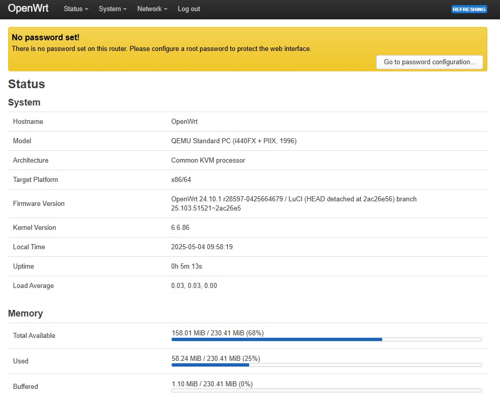 Na de installatie log je in bij de webinterface van OpenWrt.