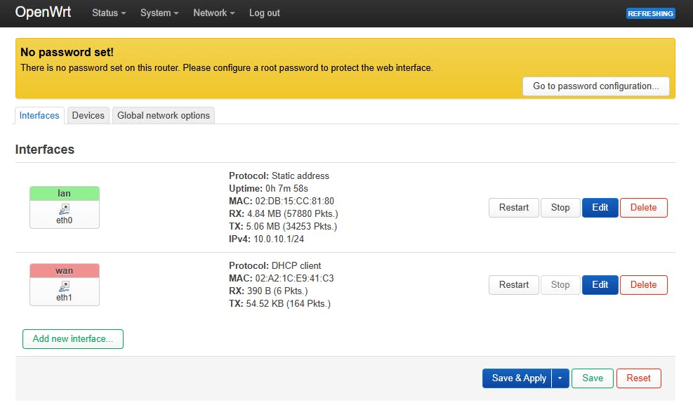 De interfaces zijn standaard nog niet correct ingesteld.