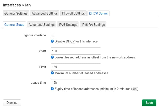 Voor elke interface kun je een DHCP-server instellen.