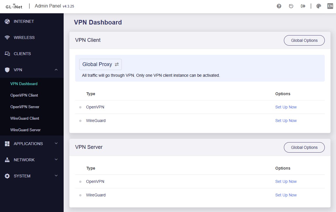 Via de webinterface kun je VPN-verbindingen met WireGuard opzetten.