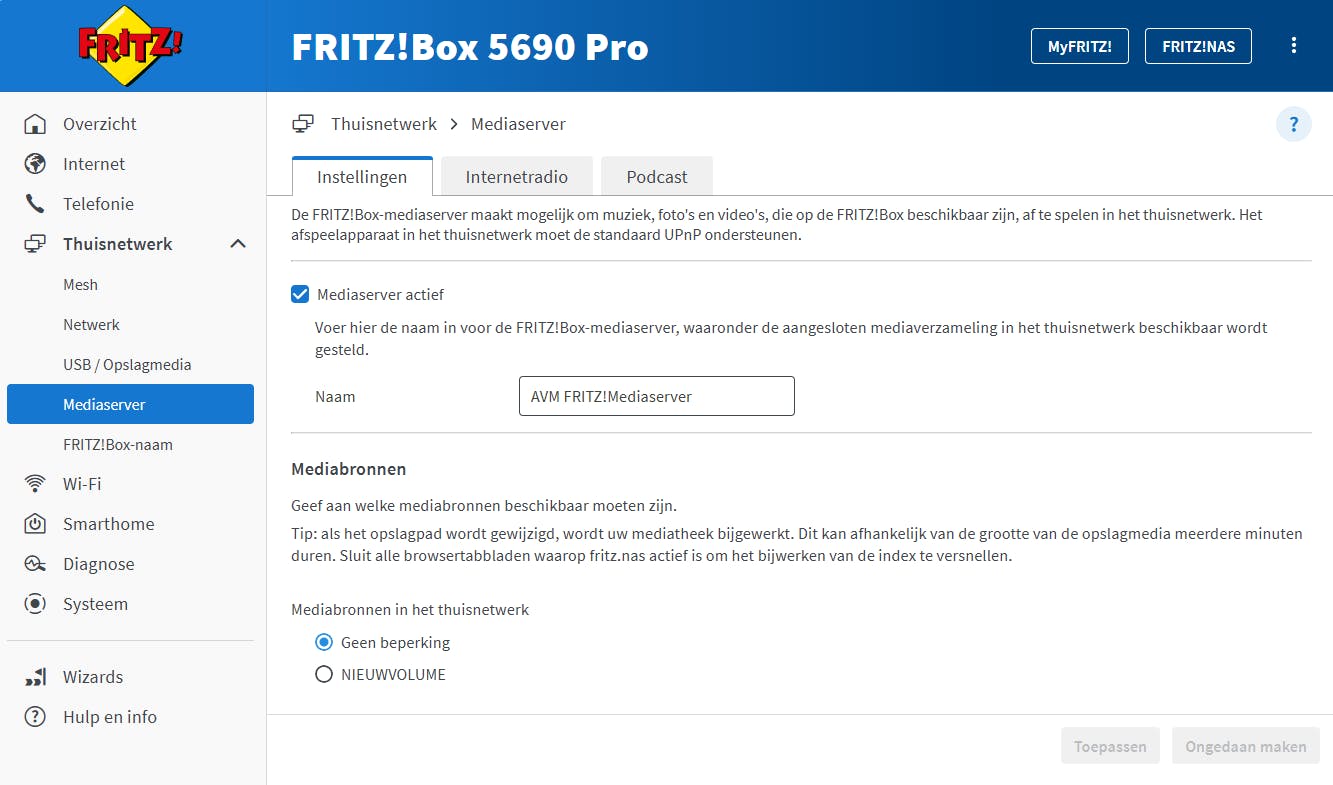 De FRITZ!Box kan media beschikbaar maken in je thuisnetwerk.