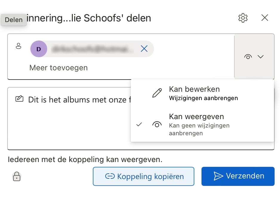 Bepaal of de ander de inhoud van het album mag bewerken, of alleen bekijken.