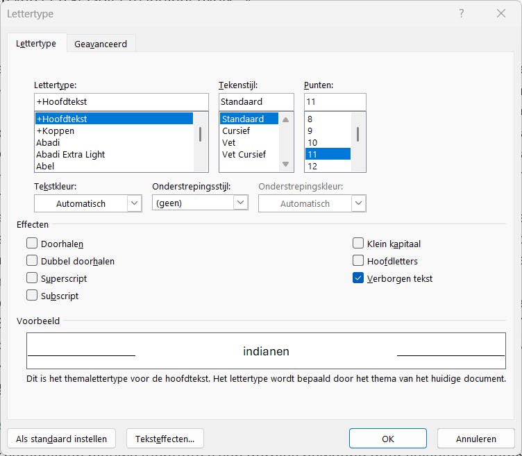Verborgen tekst is een optie bij Lettertype.