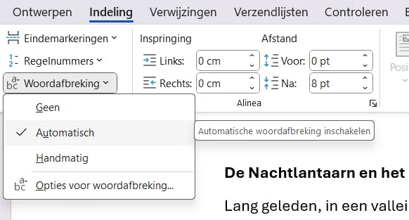 Word kan de afbrekingen ook automatisch beheren, wat ook de standaardinstelling is.