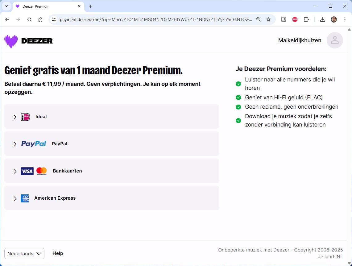 De eerste maand is weliswaar gratis, maar Deezer wil wel alvast een betaalmethode met je afspreken.