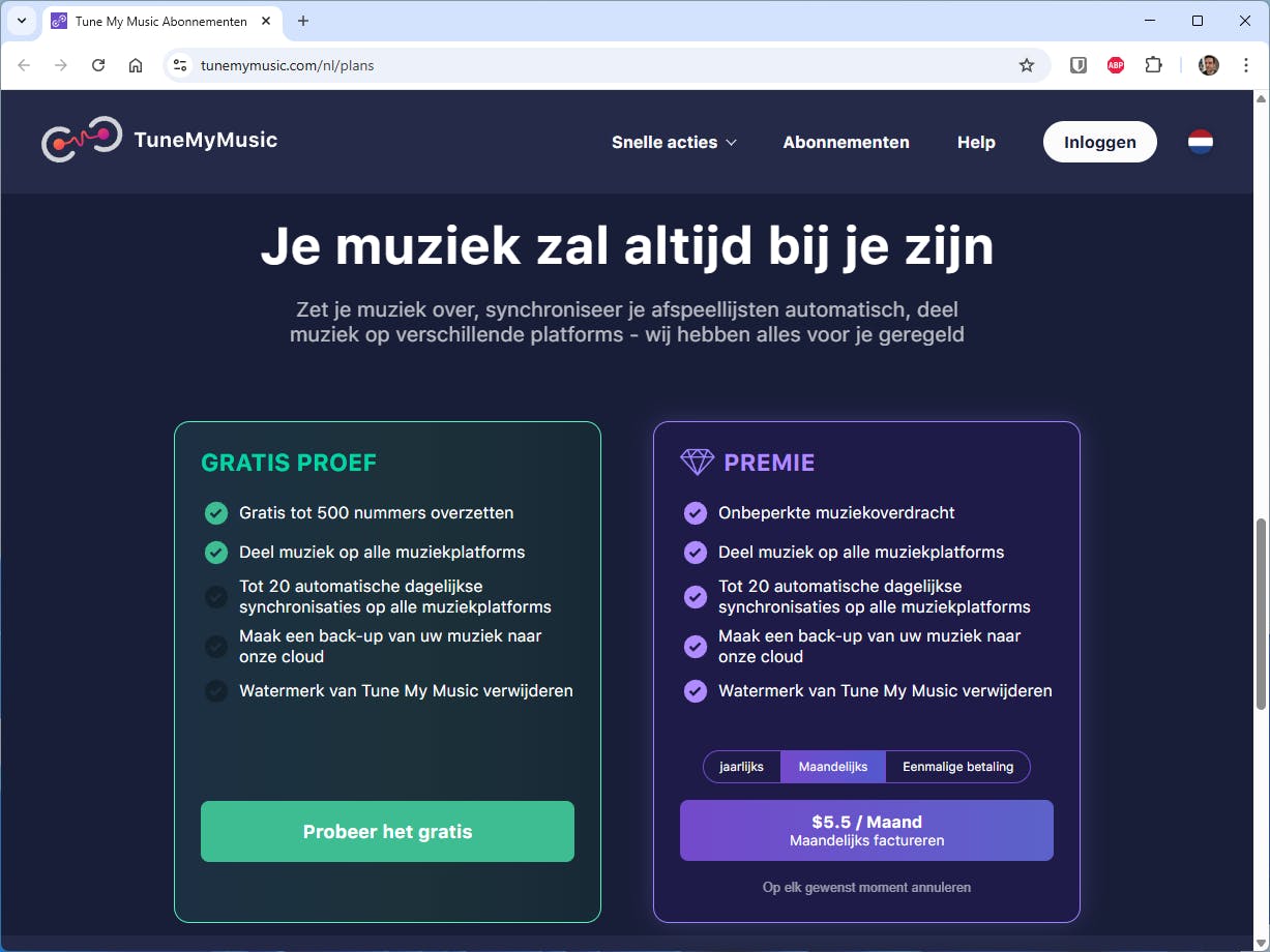 Bedenk vooraf of je met een gratis TuneMyMusic-account uit de voeten kunt.
