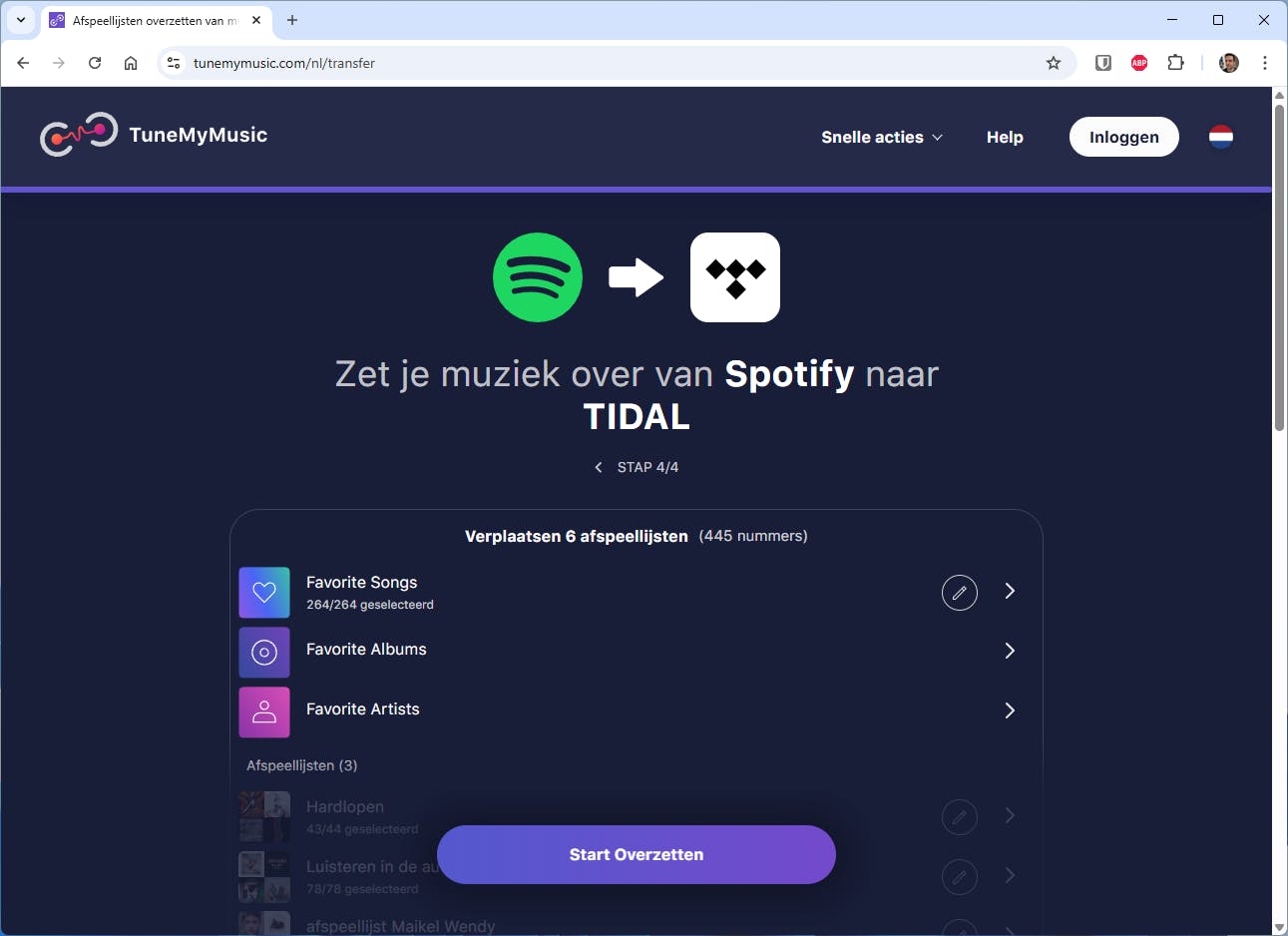 Meestal duurt het overzetten van afspeellijsten slechts enkele tellen.
