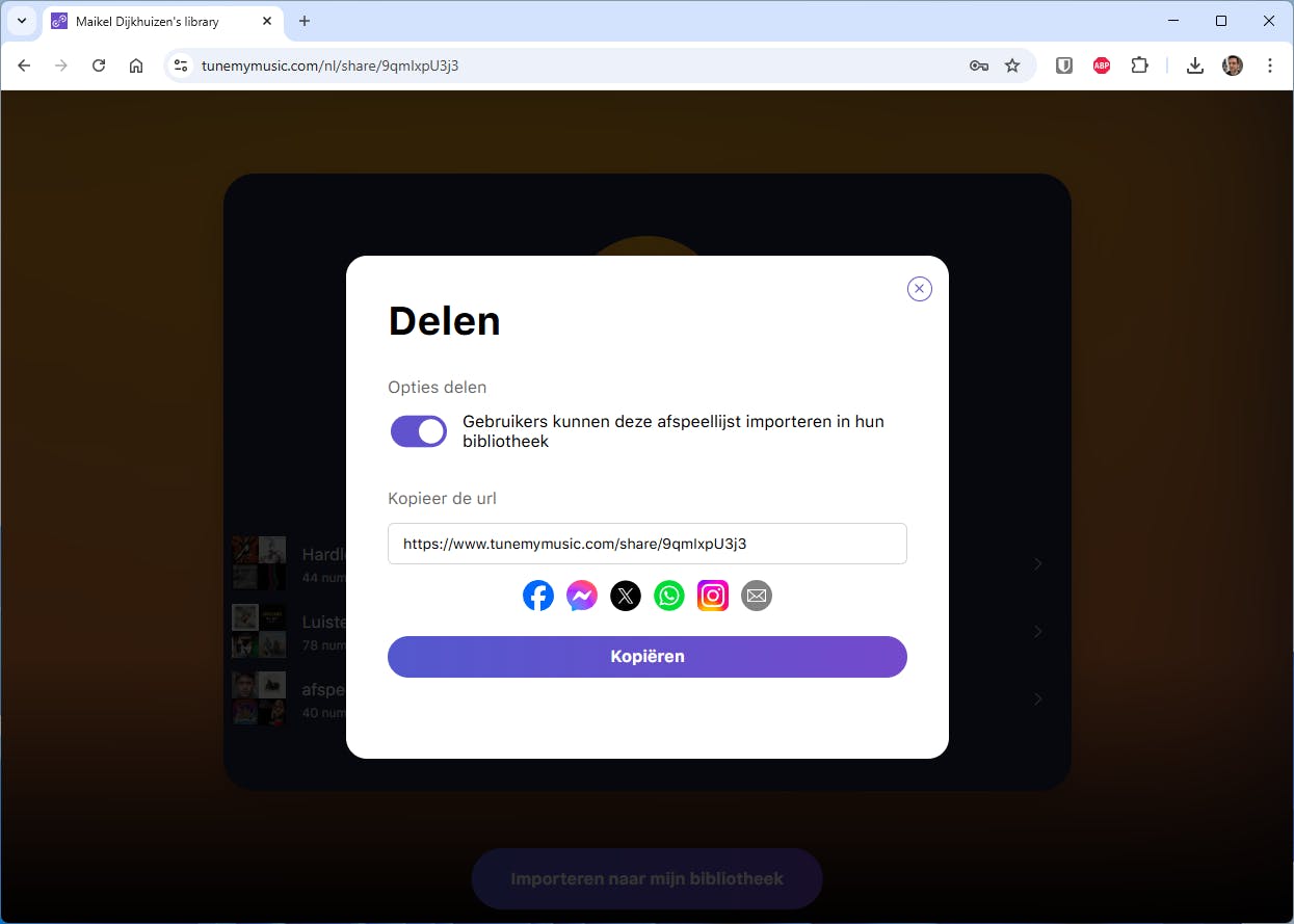 TuneMyMusic heeft een gebruiksvriendelijke functie om afspeellijsten te delen.