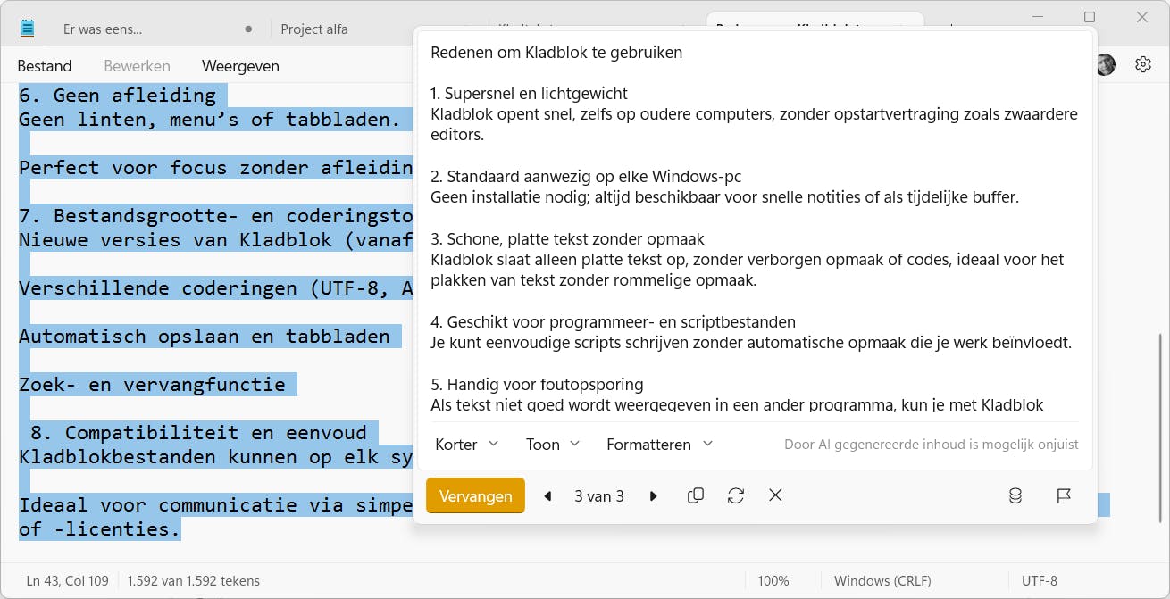 Hier heeft AI drie verschillende samenvattingen gemaakt waaruit we kunnen kiezen.