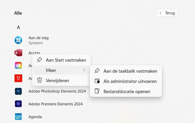 Met de rechtermuisknop kun je apps vastmaken aan de taakbalk.