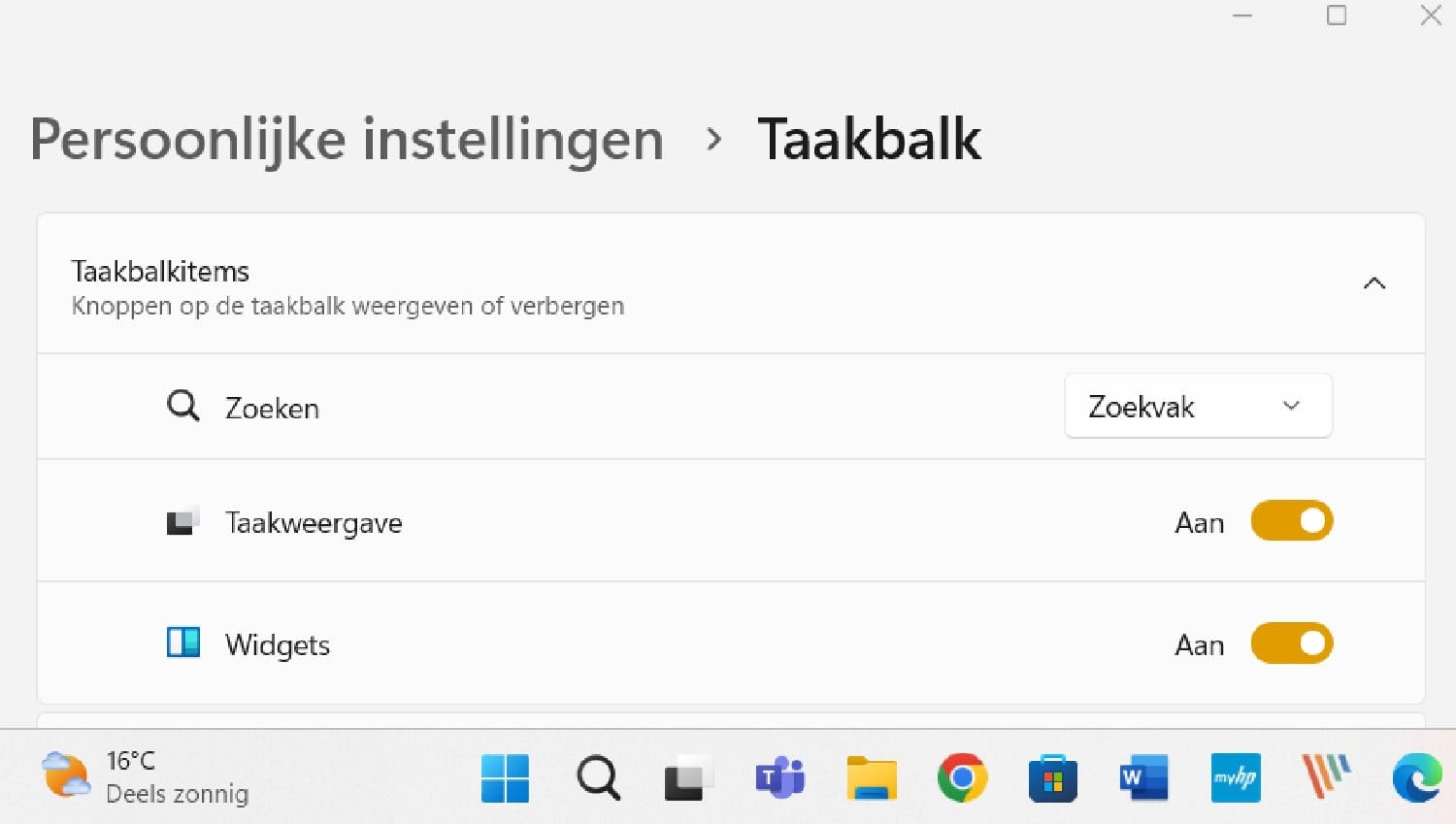 De widgets tonen voortdurend live informatie aan de linkerkant van de taakbalk.