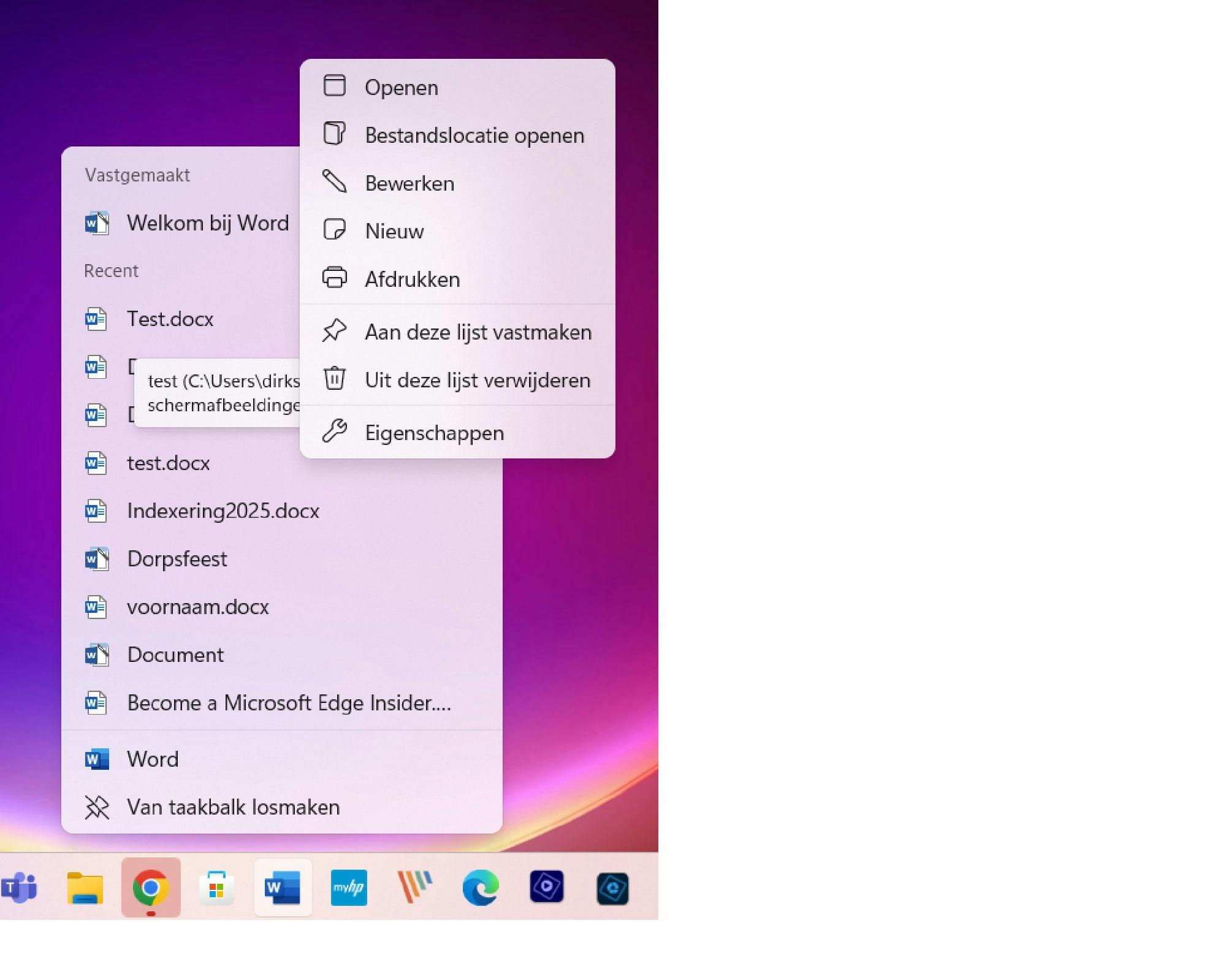 Het is mogelijk om bestanden permanent toe te voegen aan de jumplist.