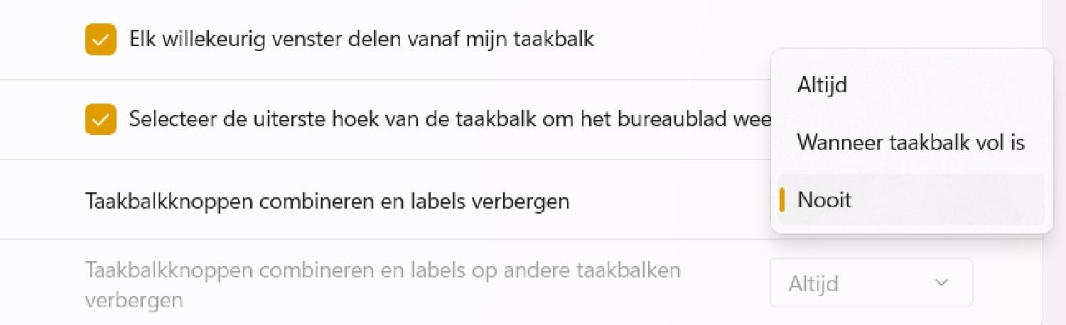 Wanneer wil je taakbalkknoppen combineren en labels verbergen?