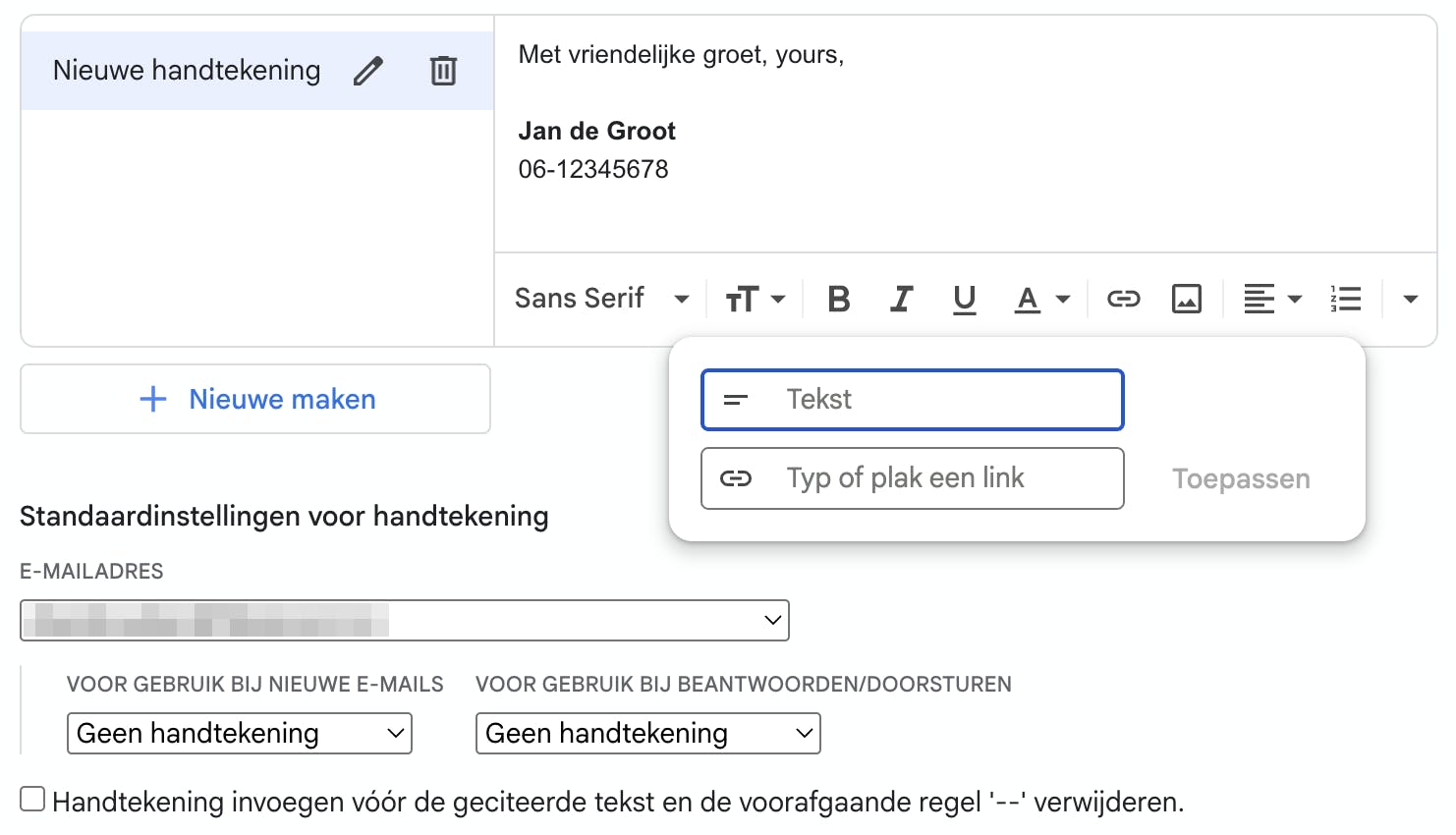 Ook onlinemaildiensten als Gmail bieden de mogelijkheid om (meerdere) handtekeningen toe te voegen.