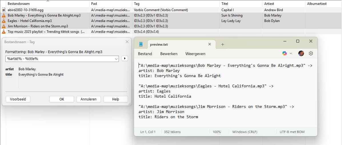 Stel je metadata samen op basis van de bestandsnamen (of omgekeerd).