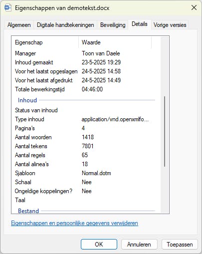 Ook vanuit Verkenner kun je allerlei metadata van (bijvoorbeeld) docx-bestanden bekijken.