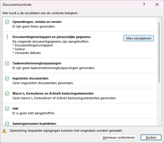 Vanuit Word kun je aangeven welke extra elementen, waaronder metadata, je uit het document wilt verwijderen.