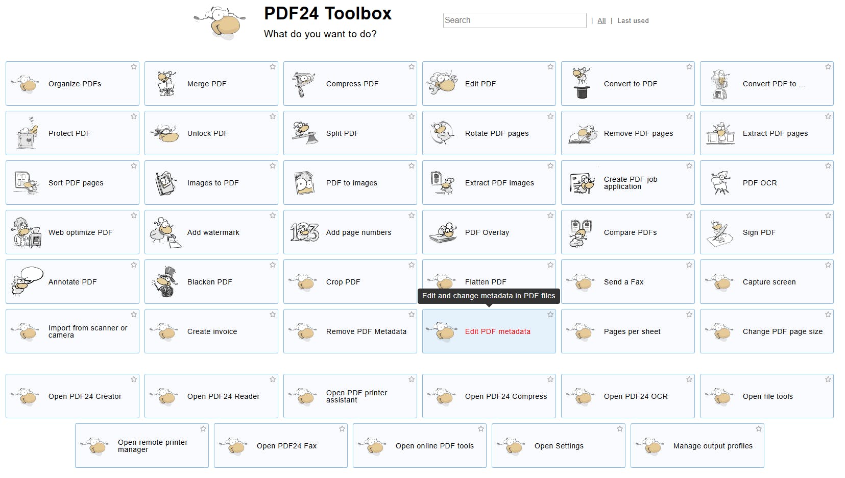PDF24 bevat een indrukwekkende toolbox voor pdf-bewerkingen, waaronder verwijderen en aanpassen van metadata.
