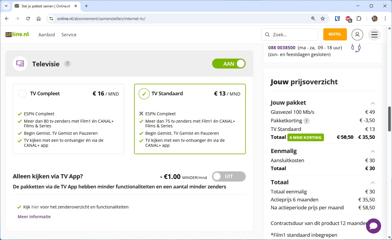Bij de bekende aanbieder Online.nl kost het tv-deel van een alles-in-één-pakket maandelijks 13 of 16 euro.