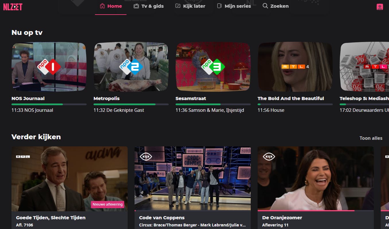 Stream in NLZiet live-zenders van verschillende omroepgroepen.