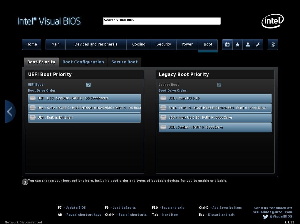 Regel in het BIOS of de UEFI dat de computer vanaf de usb-stick opstart.