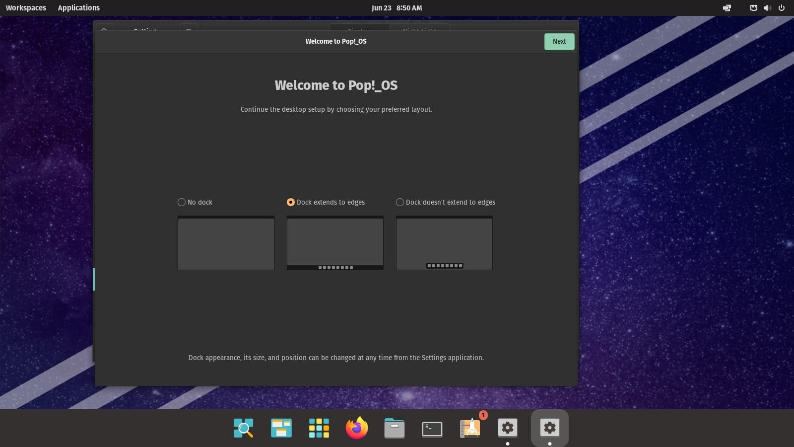 Log je voor de eerste keer in bij Pop!_OS, dan verschijnt een welkomstvenster waarin je allerlei instellingen bepaalt.