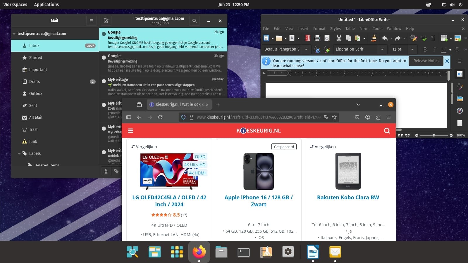 Je vindt in Pop!_OS standaard een e-mailclient, tekstverwerker en browser.