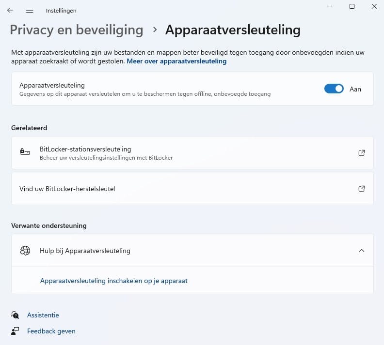 Windows Home heeft op moderne computers een optie voor apparaatversleuteling.