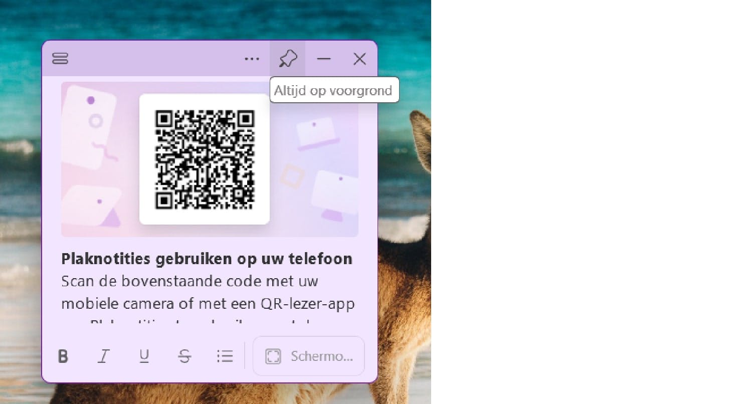 Met het pictogram van de punaise zet je een memo vast op het bureaublad.