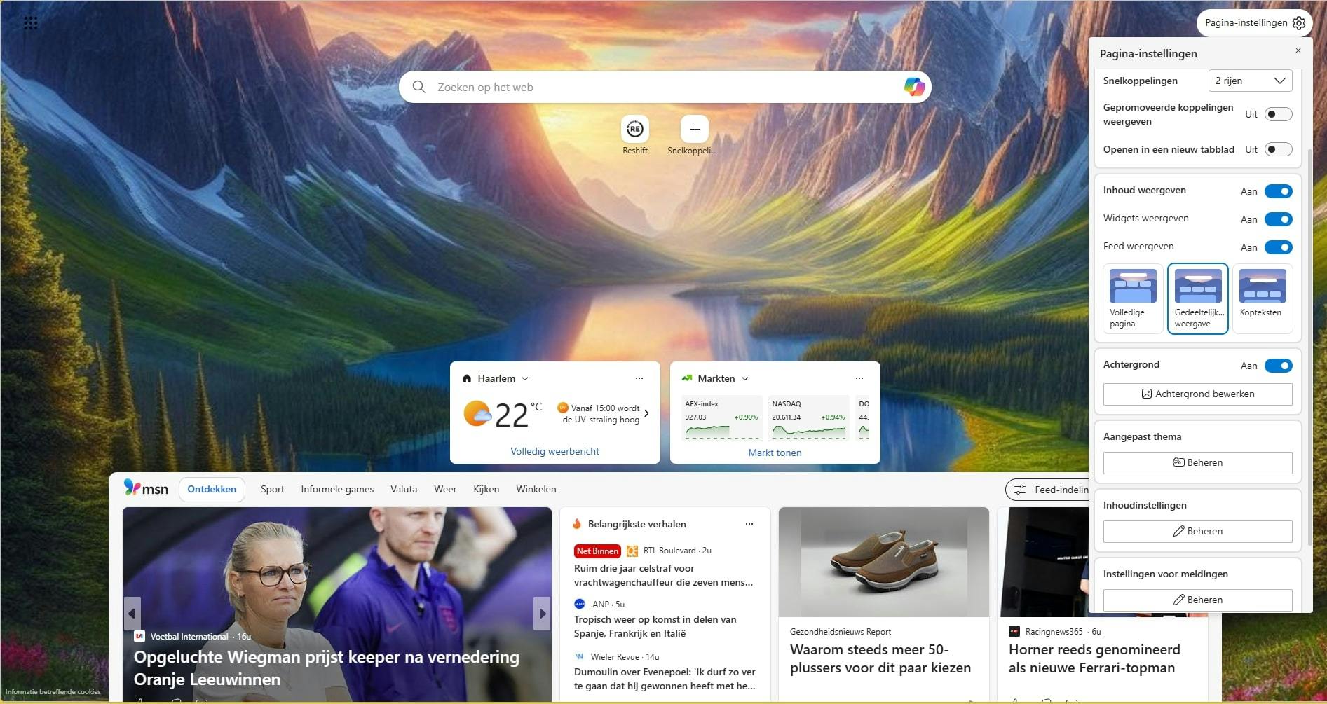 Edge biedt best veel aanpassingsmogelijkheden voor een nieuw tabblad en startpagina.