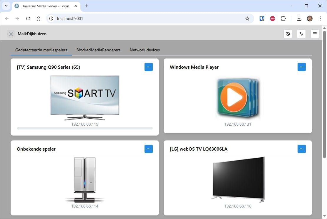 Universal Media Server toont meteen na het opstarten een lijst met beschikbare afspeelapparaten.