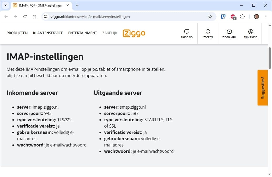 Internetproviders vermelden meestal op hun website de benodigde servergegevens voor IMAP.