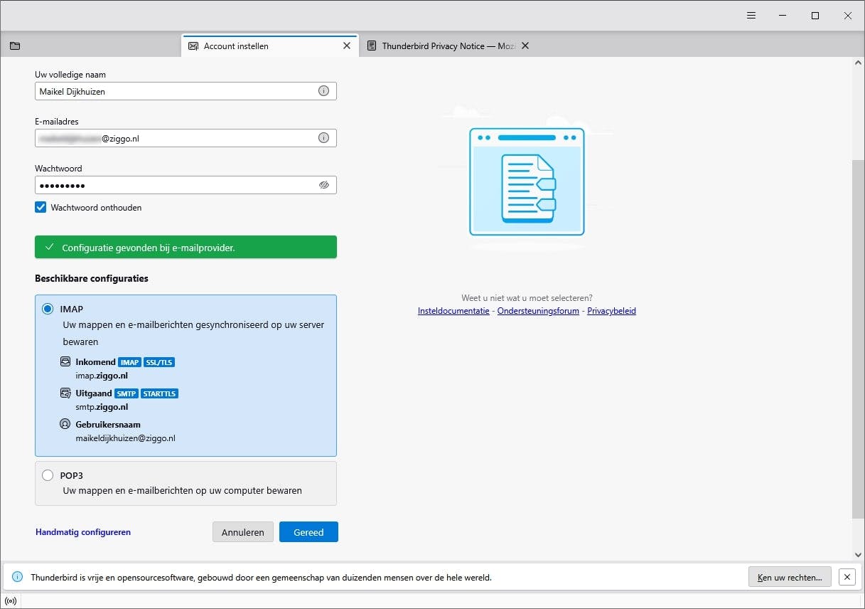 Thunderbird verschijnen automatisch de correcte servergegevens van een Ziggo Mail-account.