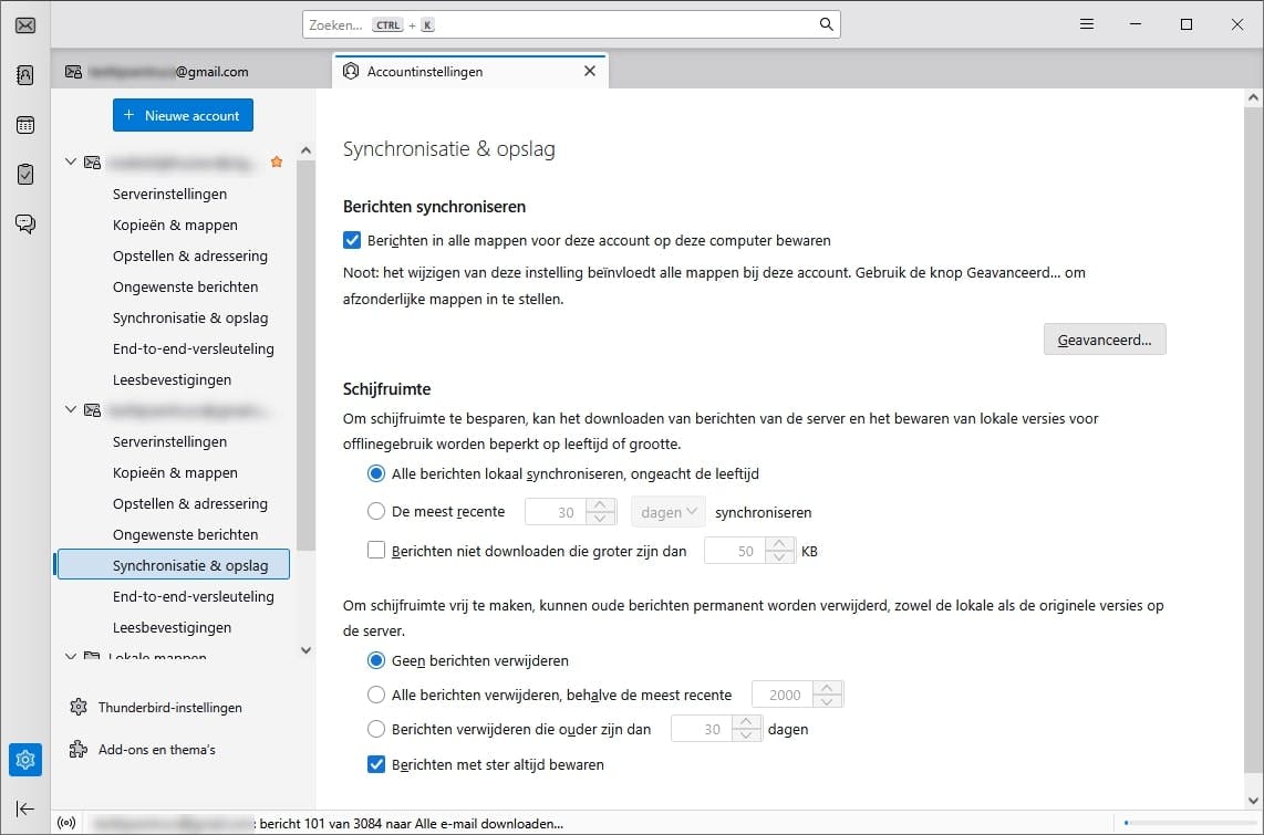 Stel in dat Thunderbird alle e-mails permanent opslaat.