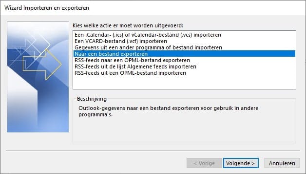 Back-up in Outlook Classic de volledige inhoud van een e-mailaccount.