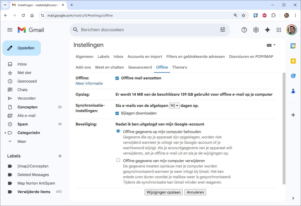 Gebruik de browser Chrome om de offline modus van Gmail te activeren.