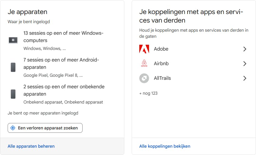 Ook bij Google kun je de recentste sessies (en gekoppelde diensten) bekijken.
