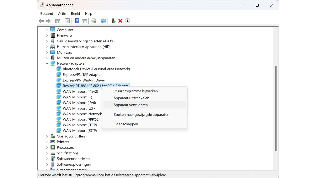 Als je de wifi-netwerkadapter kent, kun je die verwijderen.