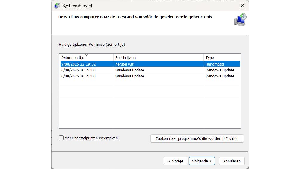 Je krijgt ook de datum en tijd te zien van het herstelpunt dat je kunt aanspreken.