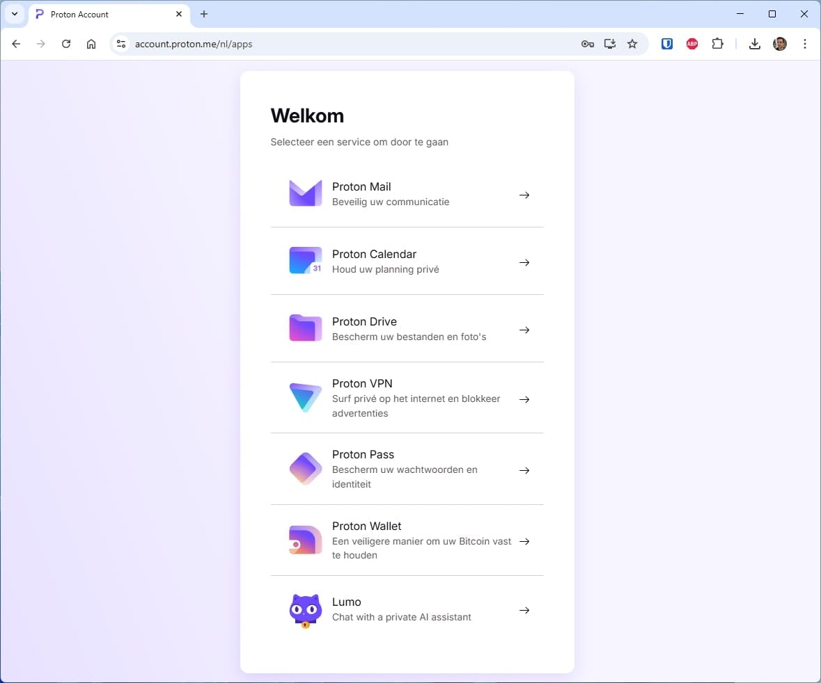 Bepaal met welke Proton-dienst je wilt beginnen.