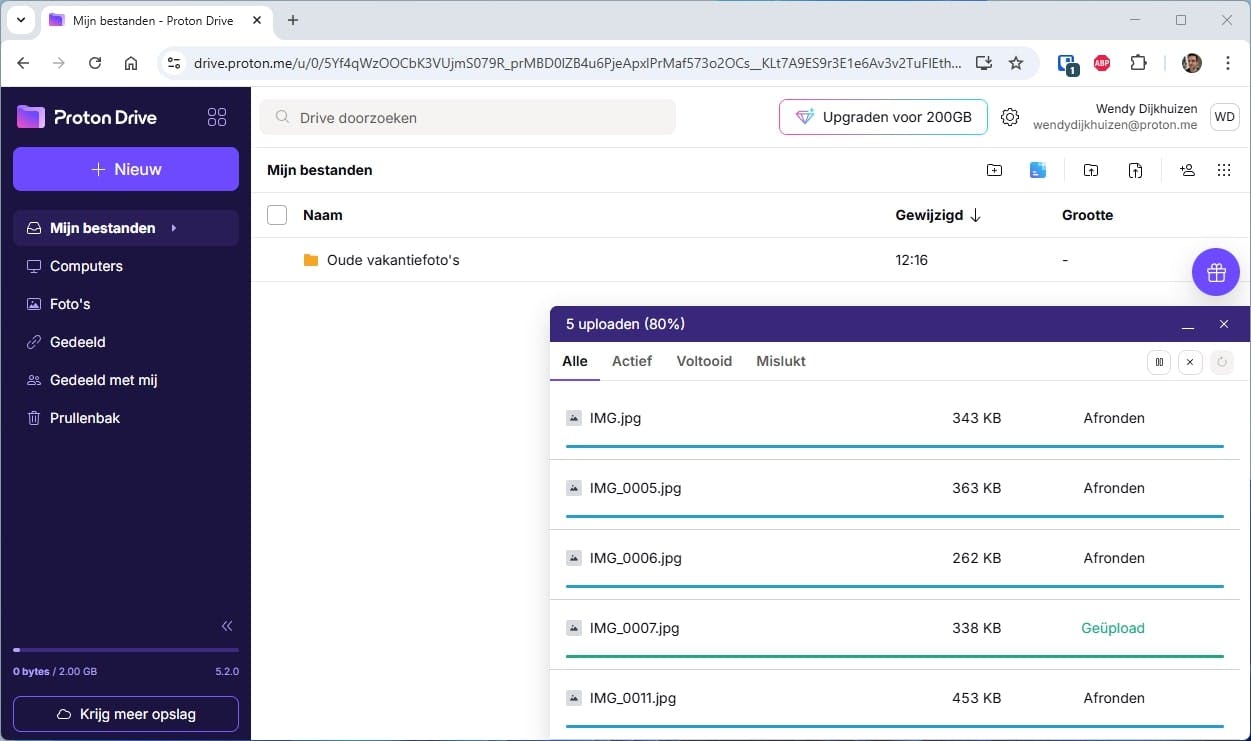 Ondanks de gebruikte encryptie gaat het uploaden in Proton Drive vrij snel.