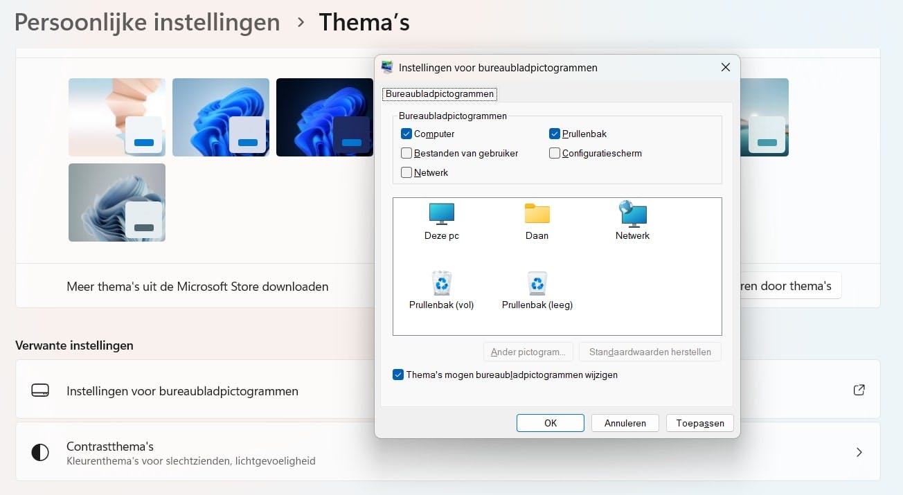 Via de Windows-instellingen kun je kiezen welke hoofdpictogrammen standaard op je bureaublad worden getoond.