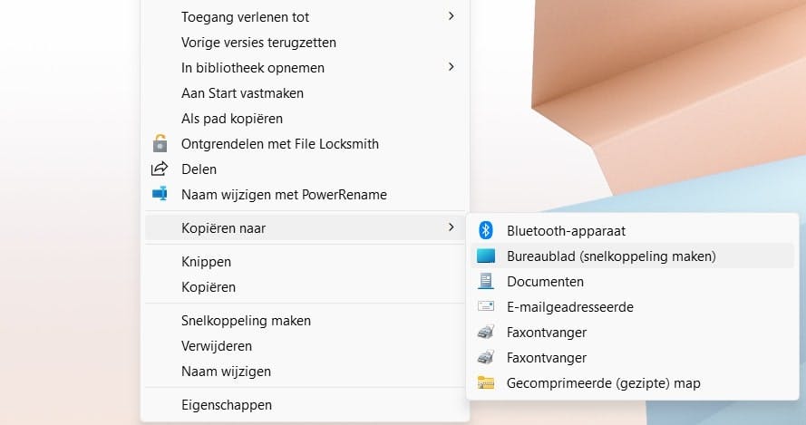 Een snelkoppeling maken van een bestand of map doe je via een rechtermuisklik.