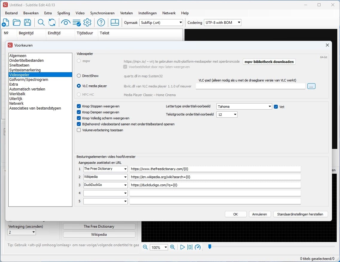 Subtitle Edit staat klaar: de gewenste interfacetaal en VLC als mediaspeler.