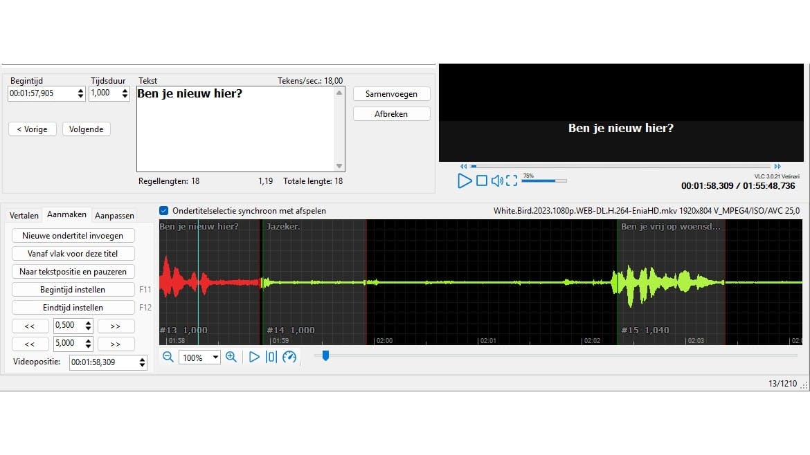 De ondertitels netjes synchroon met de audiogolfvormen.